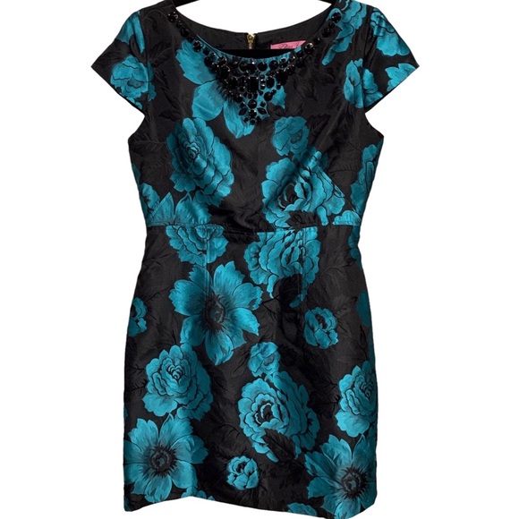 VINTAGE ELIZA J. BLACK & TEAL-BLUE BOAT NECK EMBELLISHED JACQUARD  RHINESTONE - Picture 9 of 16